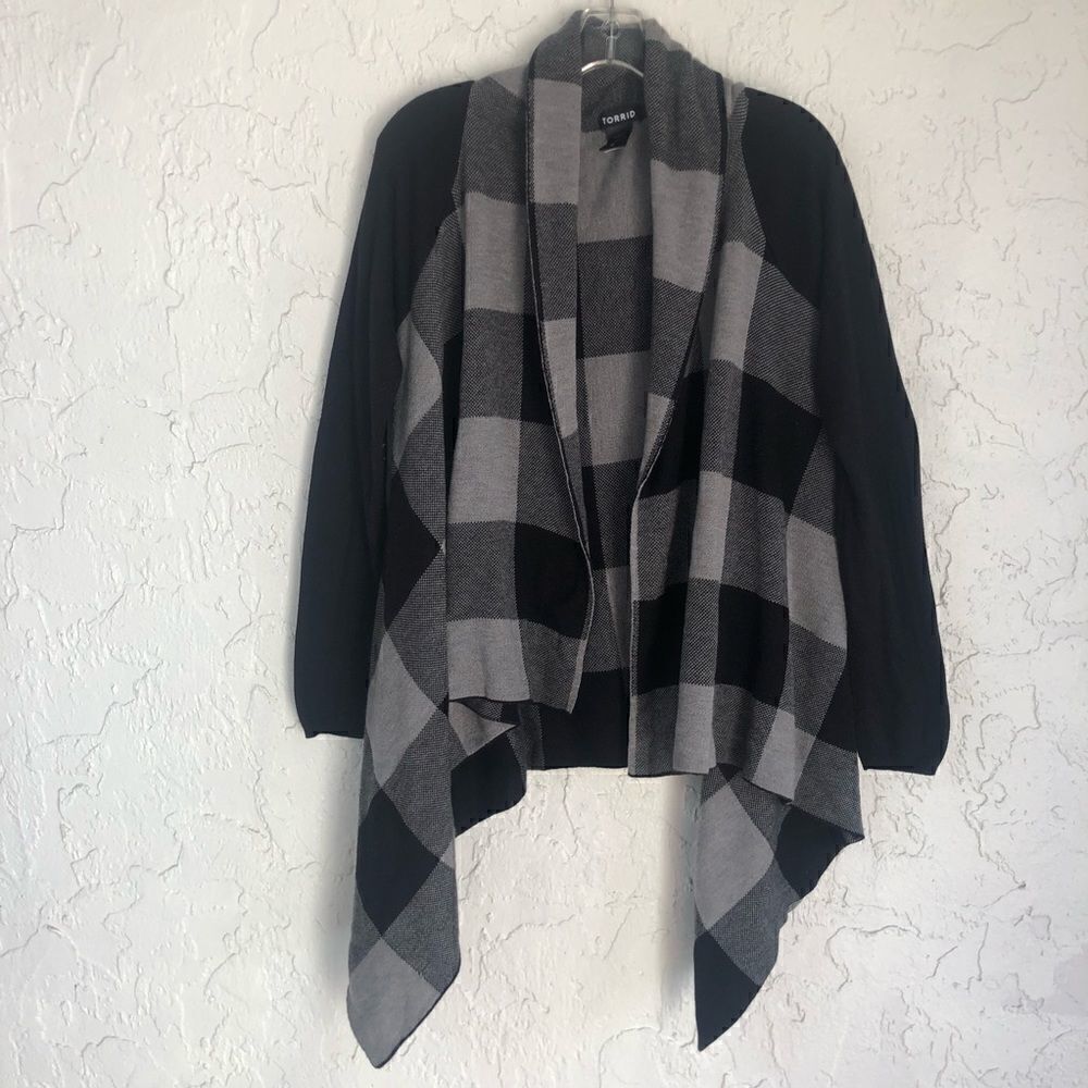 TORRID Open Front Drape Cardigan Sweater Size 0X Buffalo Check - Picture 2 of 8